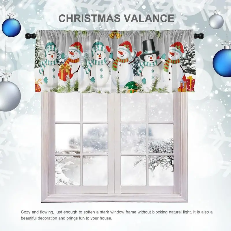 VIKAMA White Multi Snowman Blue Red Green Scarf Snowy Pine Christmas Short Window Curtain Cute Winter Festive Home Decor Warm