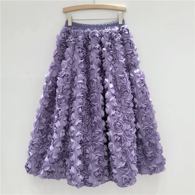 French Elegant Hepburn Style Elastic High Waist A-line Sweet Versatile Heavy Industry 3D Rose Fluffy Fairy Long Skirt For Women