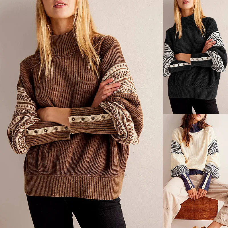 

Pullover Knitted Sweaters Women Casual Jumpers Color Blocked Long Lantern Sleeves Turtle Neck Buttons Loose Elegant 2025 Autumn