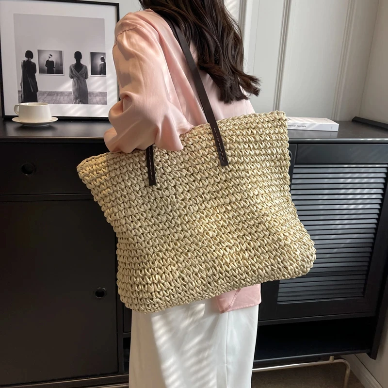 

Luxury Design Straw Woven Tote Bags For Women Large Capacity Shoulder Beach Bag Pure Color Summer New Big Shopping Handbag