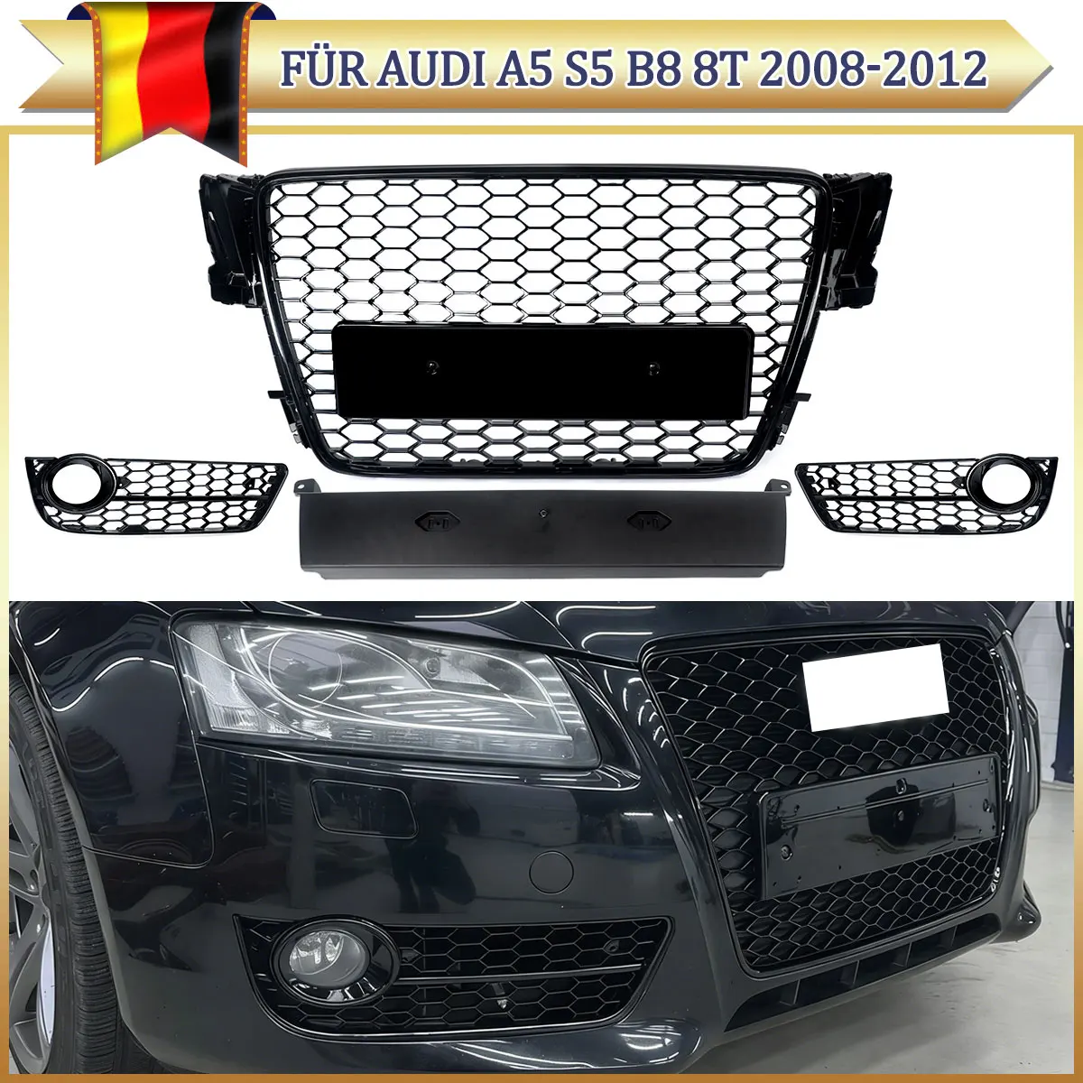 Image of Vorderer Mittelstoßfänger-Renngrill mit Nebelscheinwerferabdeckung und Gitter für Audi A5 Coupé/Sportback 2008-2011 Sportback Wabengitter Hochglanz Schwarz