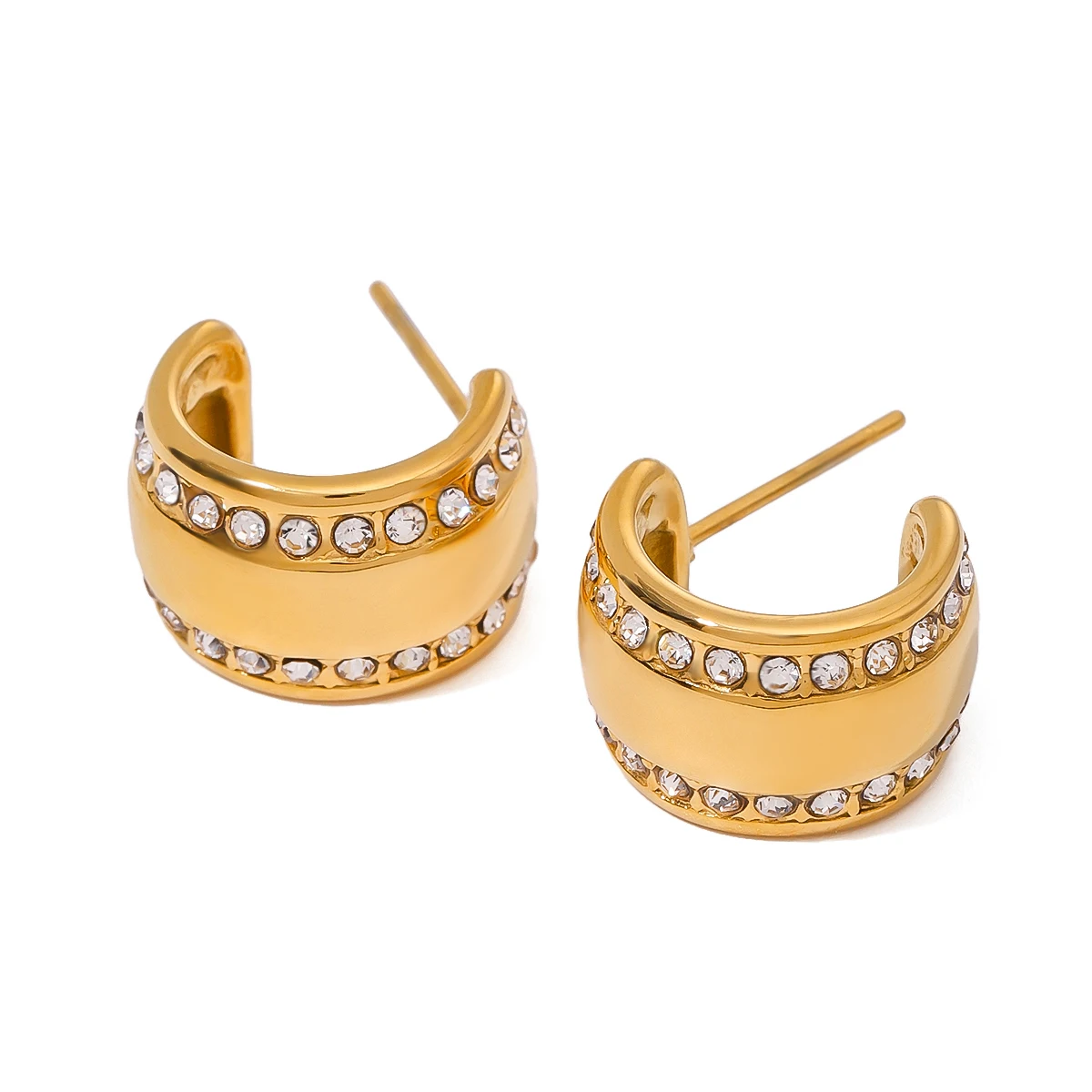 18K PVD Gold Plated Wide C-shaped Earrings Inlay White Zirconia Stainless Steel Women Statement Distinctive Rust Proof Jewelry