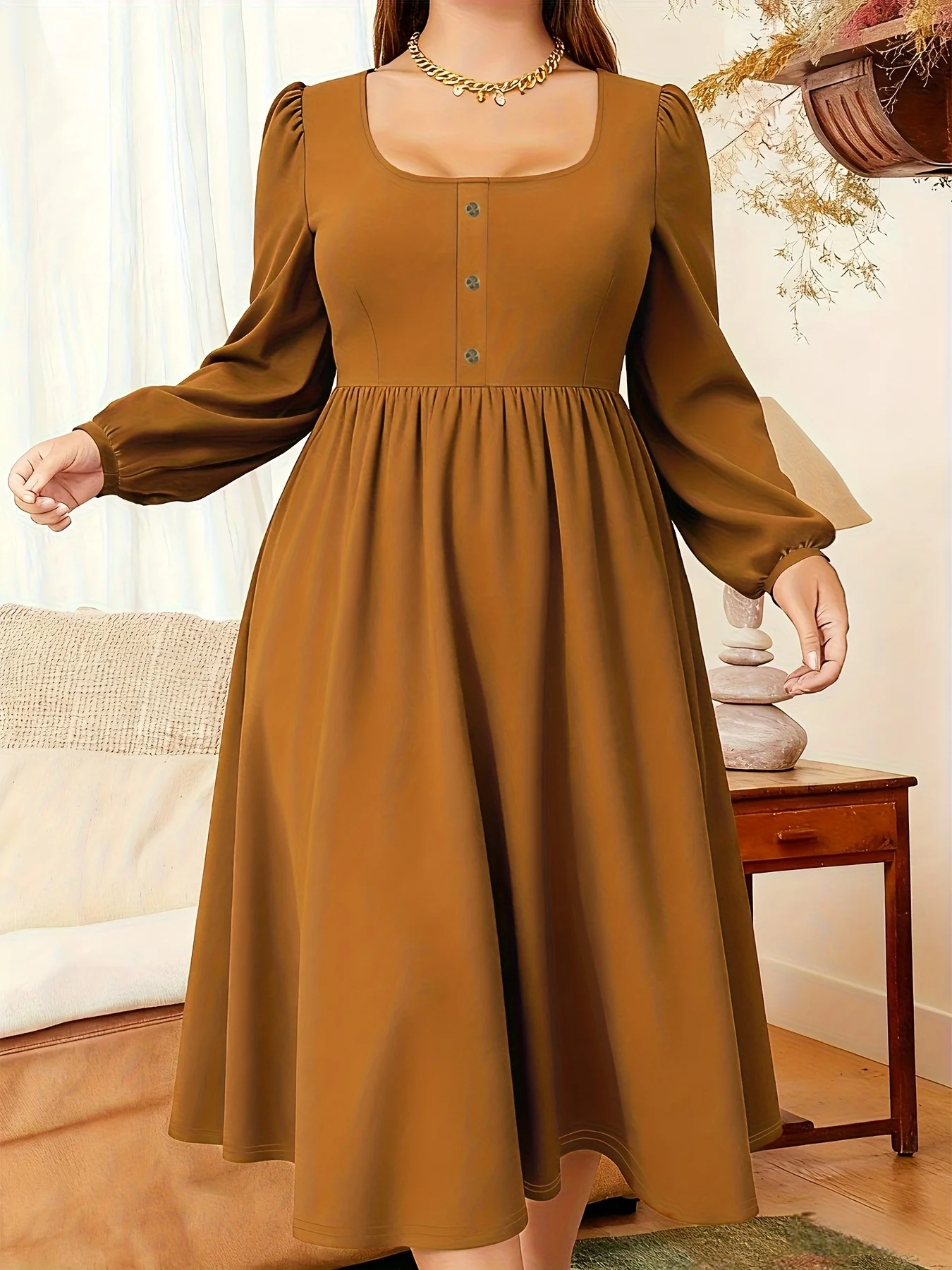 

Plus size women's slim waist dress, button decoration long sleeves, autumn and winter women's casual wear, lantern sleeve design