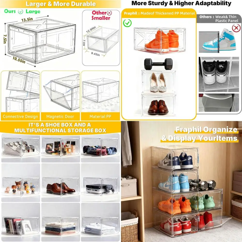 

Штабелируемые прозрачные коробки для обуви для шкафа, большая передняя конструкция, подходит для американского размера 13+, магнитная дверь, сверхпрочная пластиковая обувь O