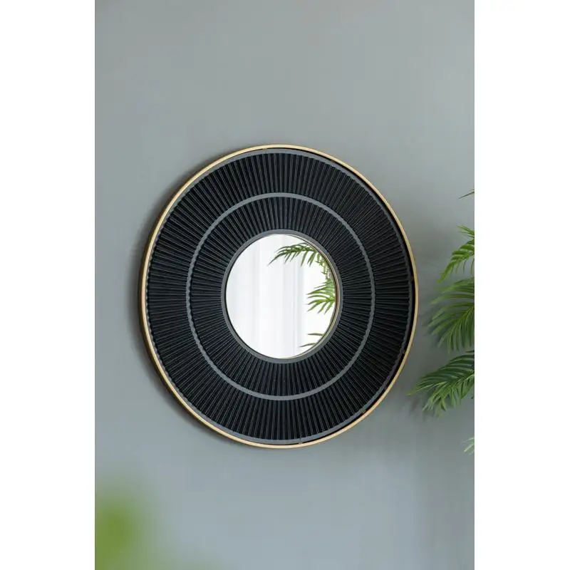 

31.5" Round Wooden Mirror with Gold Iron Frame - Neutral Wall Decor for Living Space