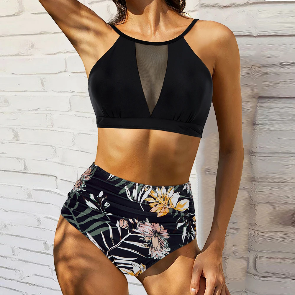 High Waist Bikini Set for Women 2023 Summer Two Pieces Solid Color Hollow Out Sexy Swimsuit Beach Bathing Suit Swimwear Women