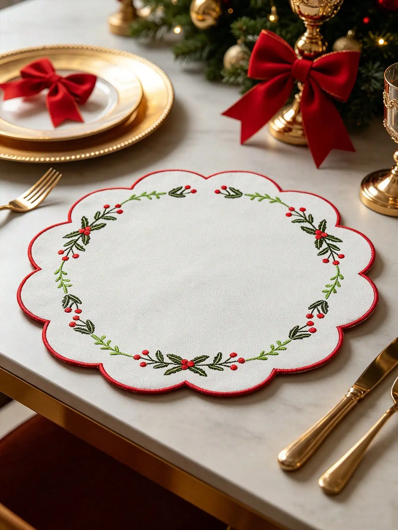 6pcs Gold Embroidered Berry Placemats, Chinese Element Embroidered Holly Leaves Luxury Style High-Quality Fabric Vase Pads, Washable, Easy To Clean, Wipe-Able, Non-Slip, Heat-Resistant, Suitable For Room Decor, Dining Table Decor, Home Decor, Party Decor,