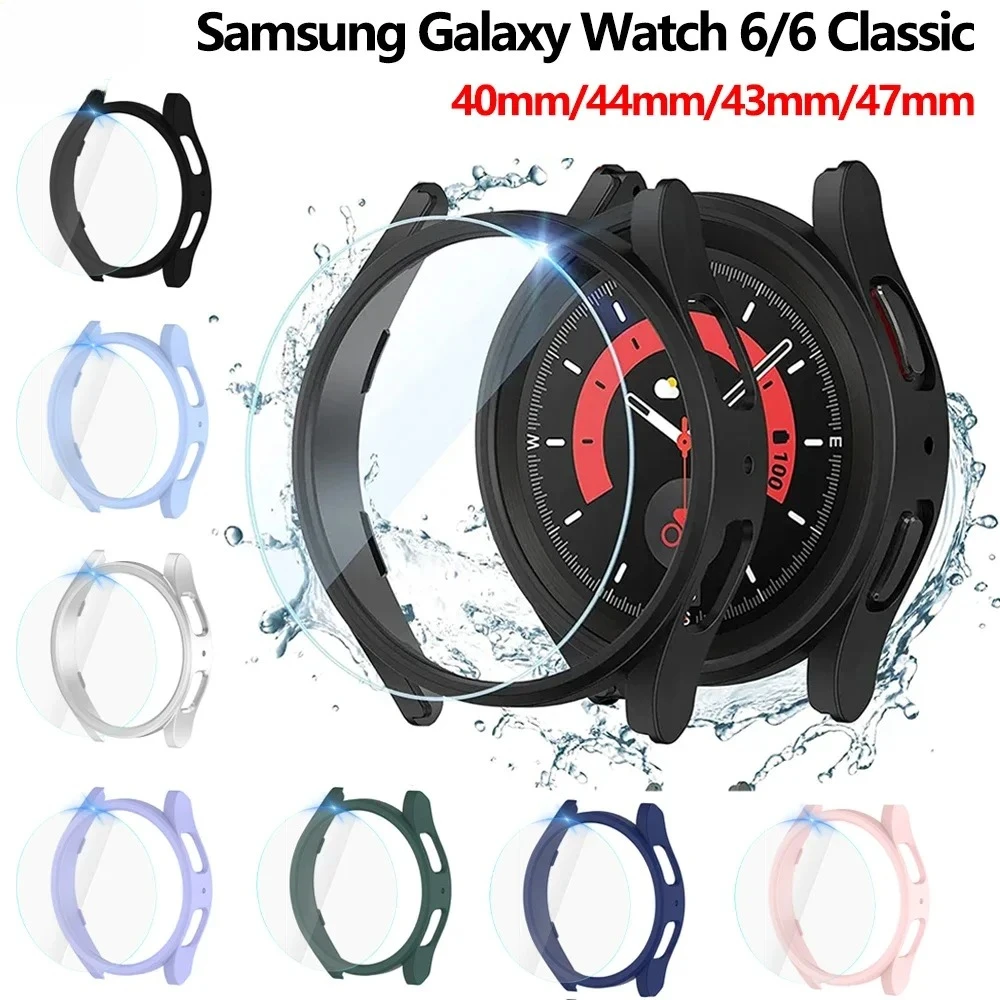 삼성 갤럭시 워치 6용 유리+케이스 40mm 44mm 방수 PC 케이스 갤럭시 워치 6 클래식 43mm 44mm 커버+스크린 프로텍터
