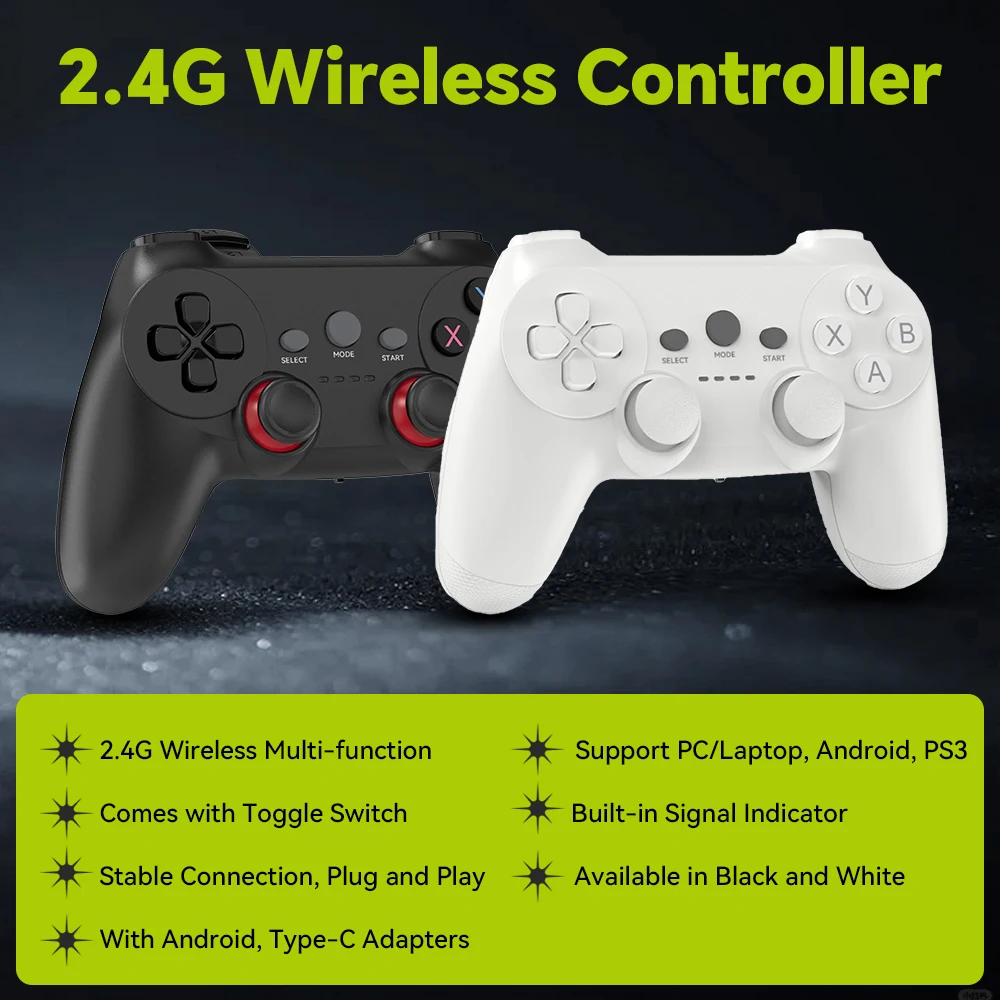 New 2.4G Wireless Controller for Windows PC/Laptop/PS3/Android TV/Phone/Retro Game Consoles White/Black Stable Connection No Lag