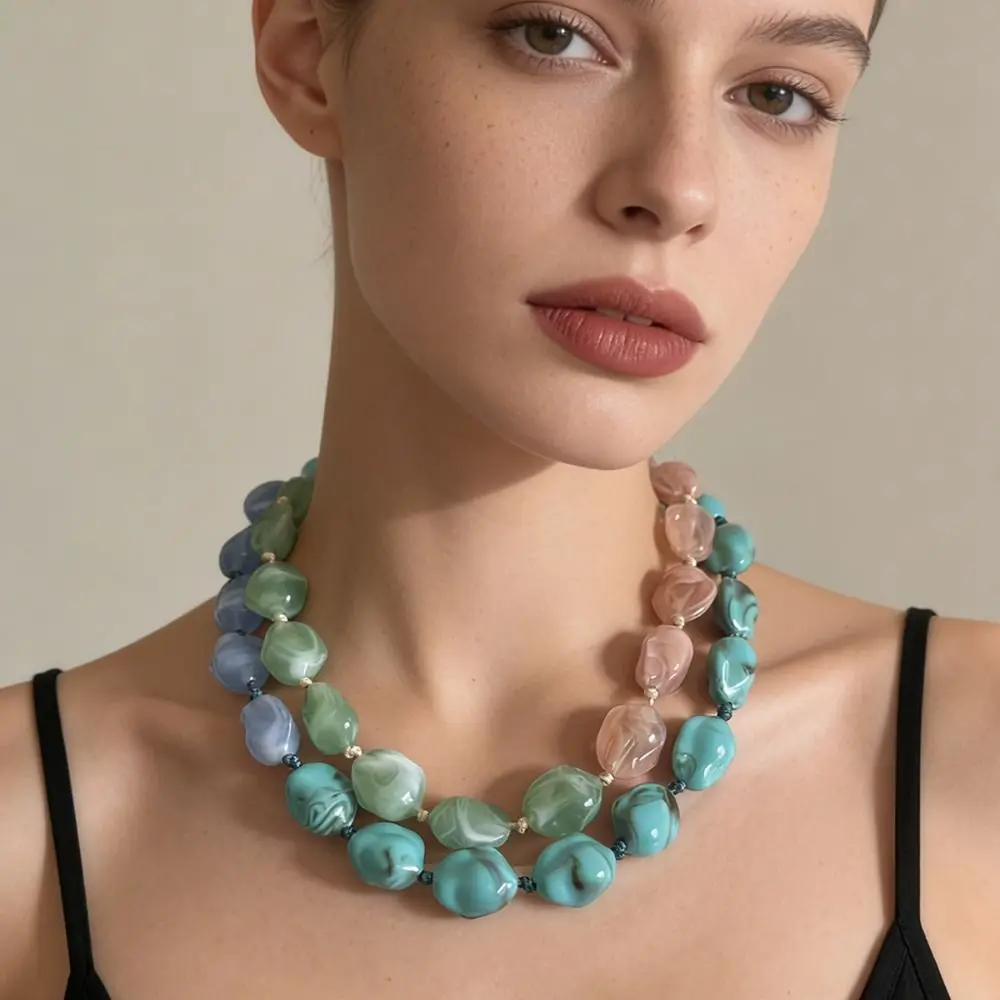 Fashionable Simple Exaggerated Beaded Geometric Patchwork Short Multi-color Choker for Women Girls