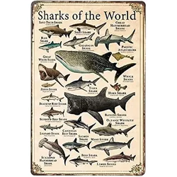 Contrence Sharks of The World Vintage Metal Tin Sign Wall Art Plaque Poster Retro Decor for Home Restaurant Bathroom