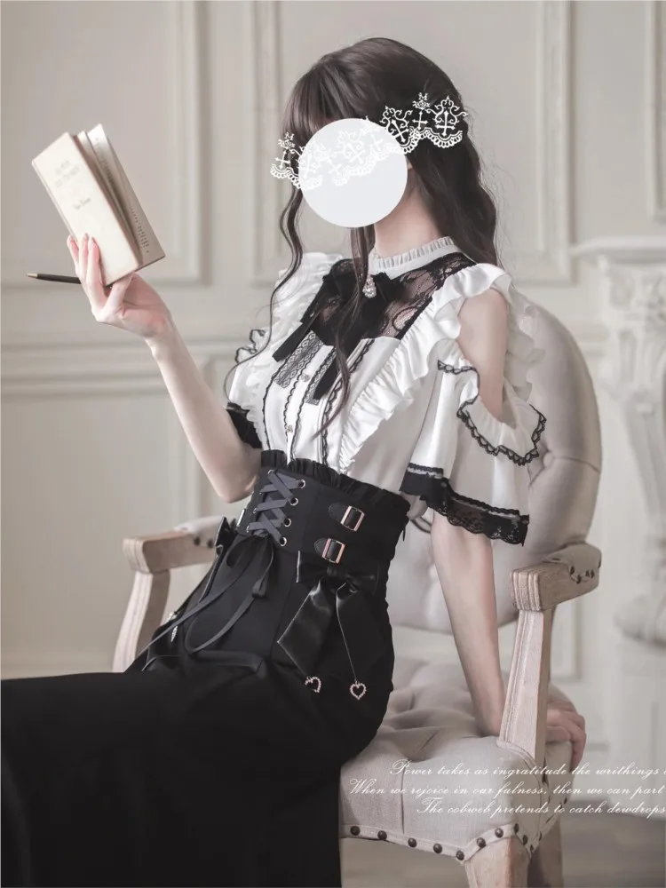 

Black and white lace off-the-shoulder high-waisted fishtail two-piece set Japanese-Asian culture dress
