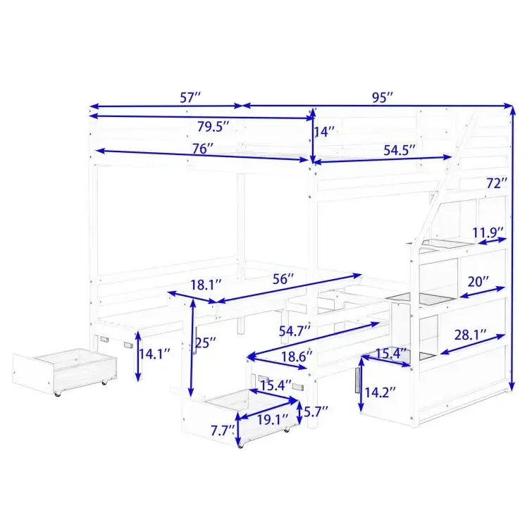 Solid Pinewood Twin Size Loft Bed Frame with Storage Drawers Shelves & Long Desk for Kids' Rooms