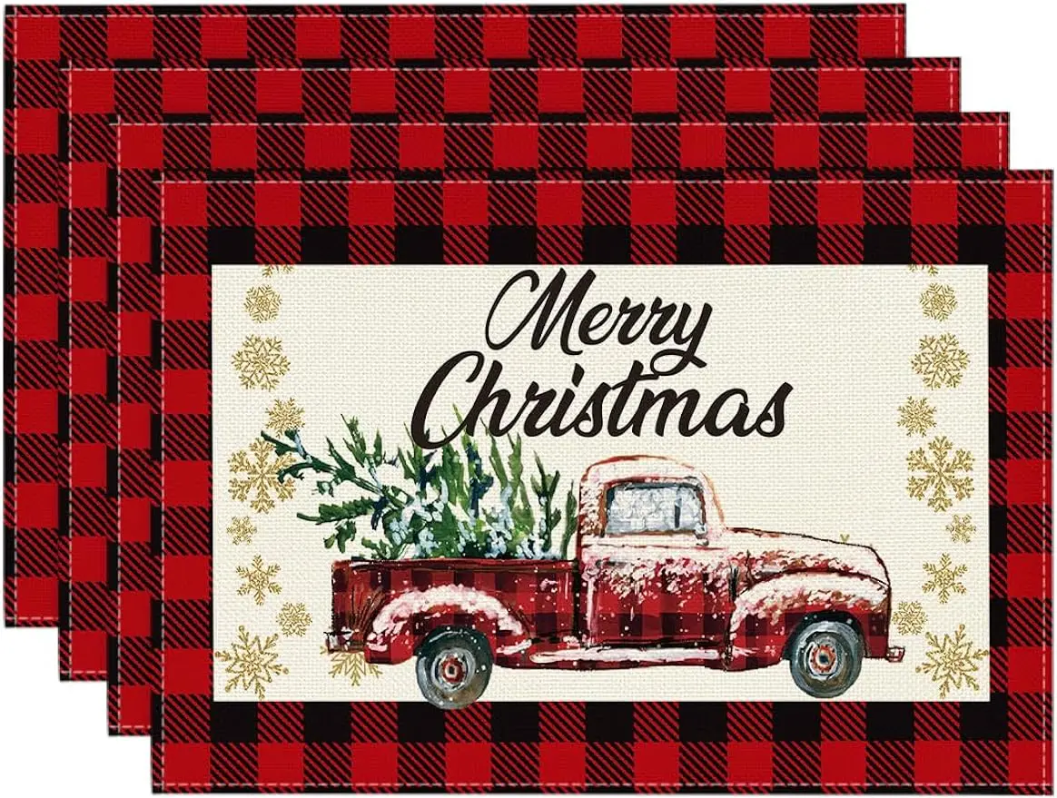 

Red and Black Buffalo Plaid Truck Merry Christmas Placemats Set of 4 12x18 Inch Seasonal Winter Holiday Table Mats for Party