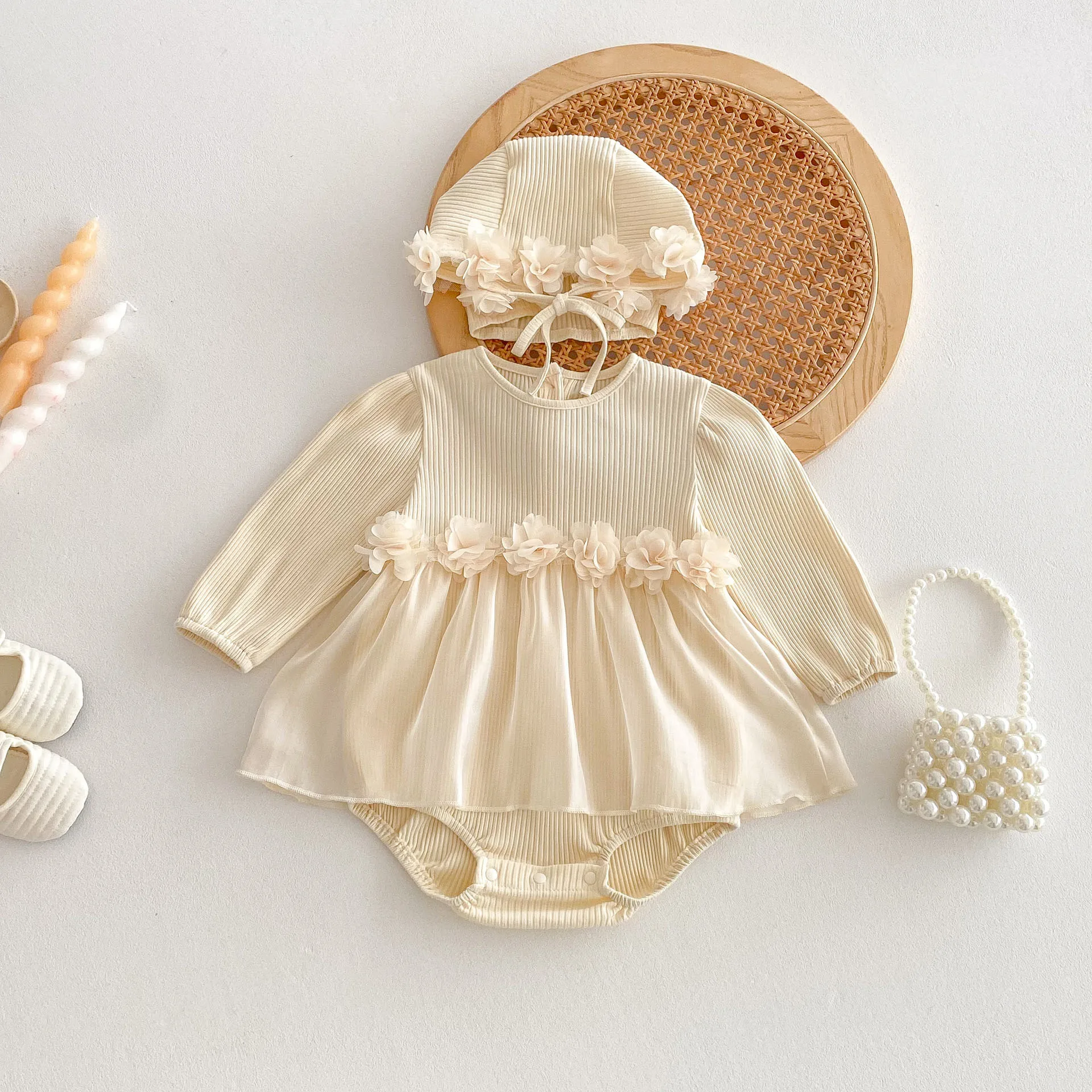 2026 Autumn 3M-24M Baby Girl Romper Dress Floral Lace Princess Newborns Bodysuit Long Sleeve Knit Daily Toddler Outfit With Hat