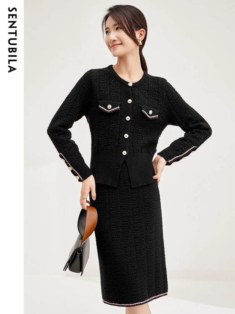 SENTUBILA 2024 Spring Elegant Knitted Skirt Two Piece Women Sets Cardigan Sweater Jacket Tops Woman Midi Skirts Sets W33Z51901