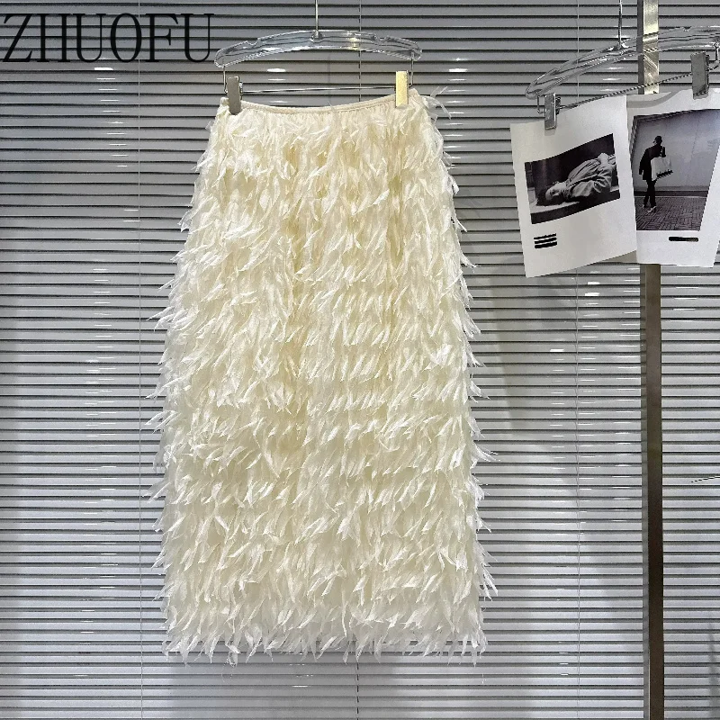 2026 Autumn New Women's Skirt Sweet style Fluffy Fringed Elastic Waist Loose Y2k Apricot Versatile Medium Long Skirts Ladies
