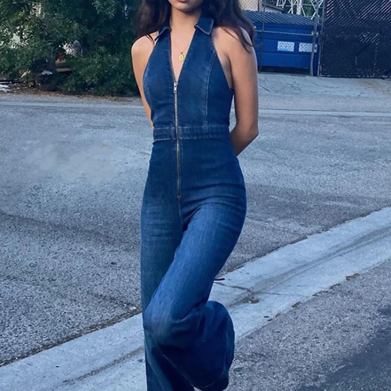 Summer Women's  V Neck Zipper Sleeveless Sexy Slim Fit Fashionable Retro Street Hottie High Waisted Denim Straight Cut Jumpsuit