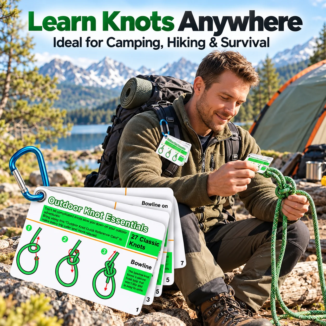 Outdoor Knot Essentials Cards 27 Classic Knots Guide with Mini Carabiner, Durable Pocket Reference for Camping Backpack