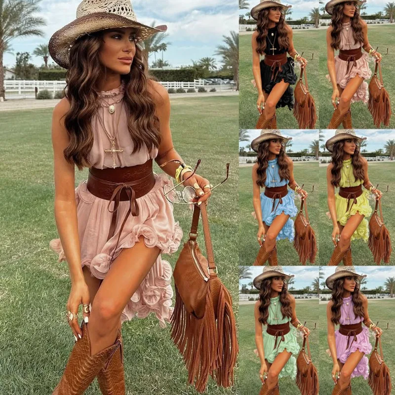 

New Chiffon Solid Color Holiday Two Piece Sexy Hollow Out Sleeveless Hem Top & Skirt Beach Suit Women's Casual Ruffled Party Set