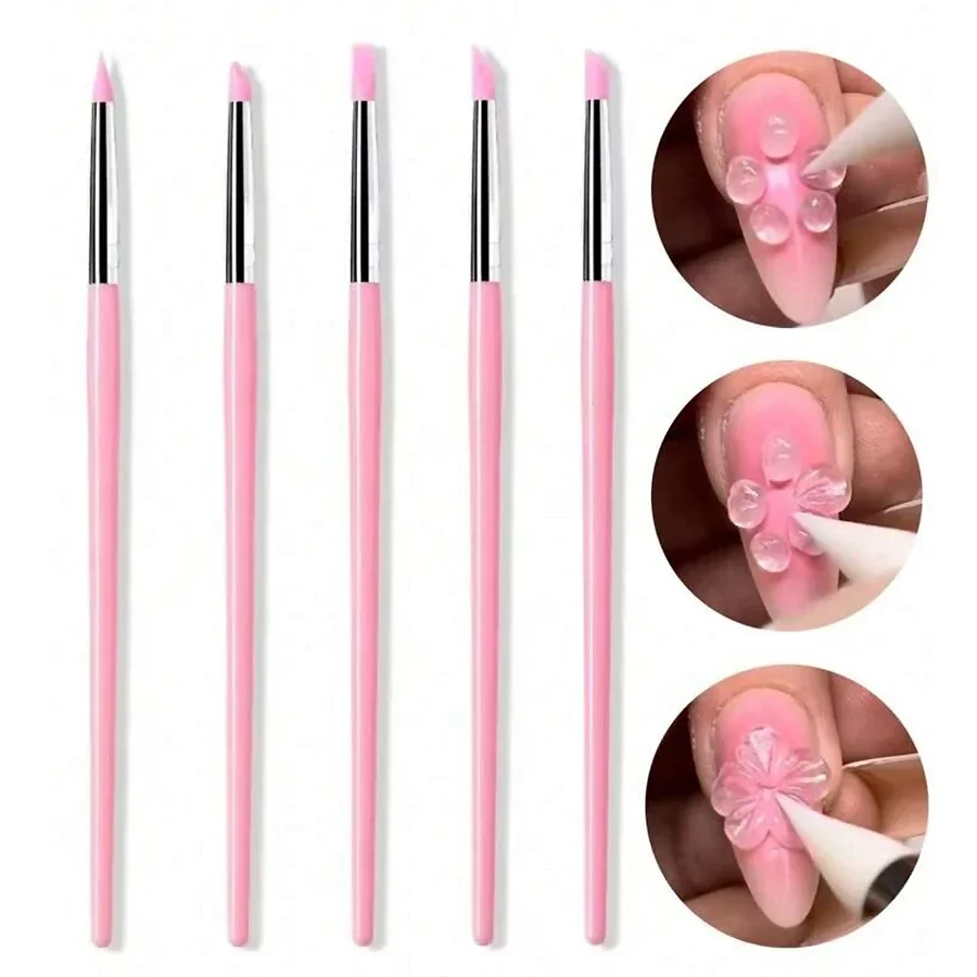 5 stks/set Siliconen Nagelborstel Carving Emboss Hollow Gel Vormgeven Roze Nail Art Pen DIY Puntjes Manicure Gereedschap Accessoires