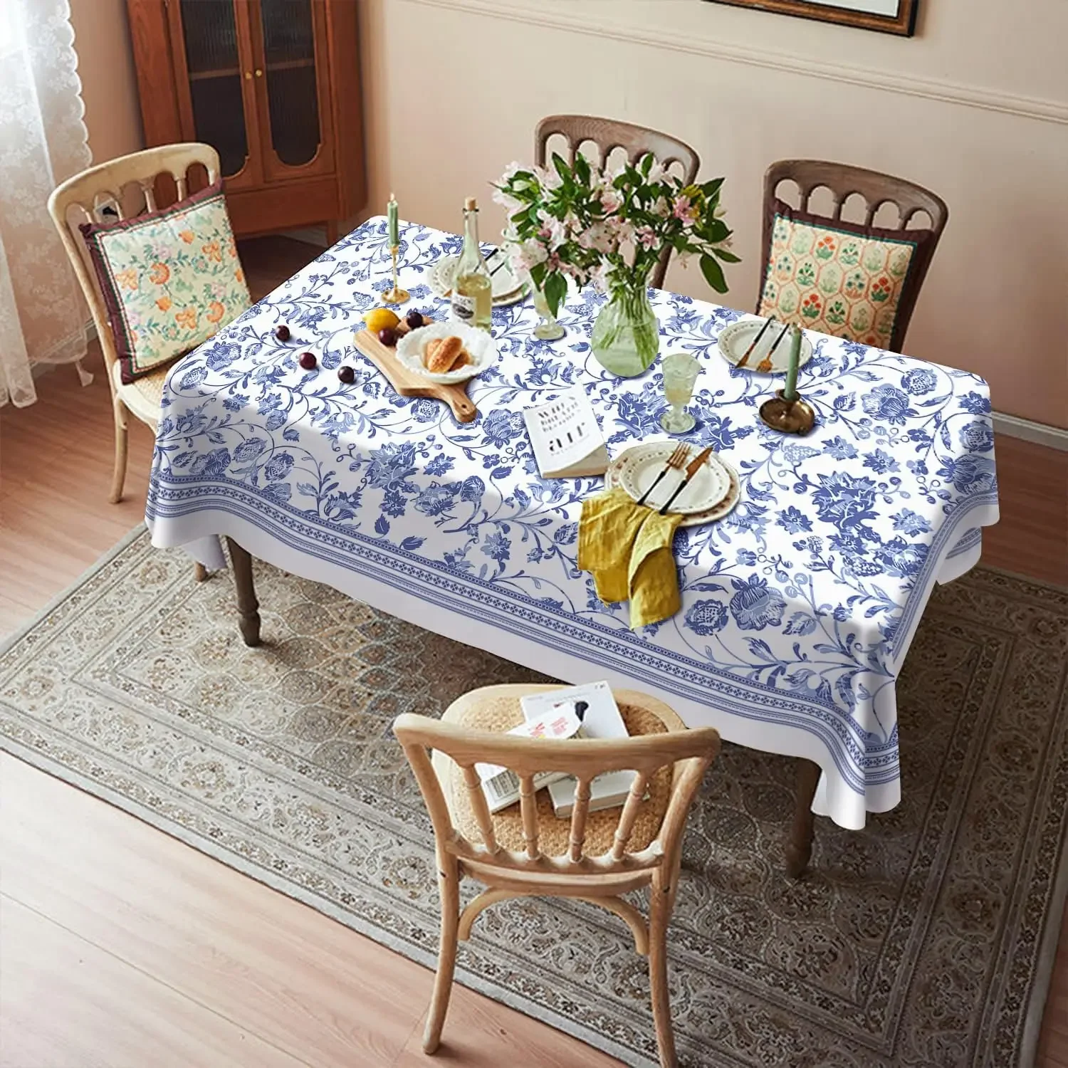 Blue Floral Rustic Rectangle Tablecloth Kitchen Dining Room Decor Waterproof Tablecloth for Table Holiday Party Decorations