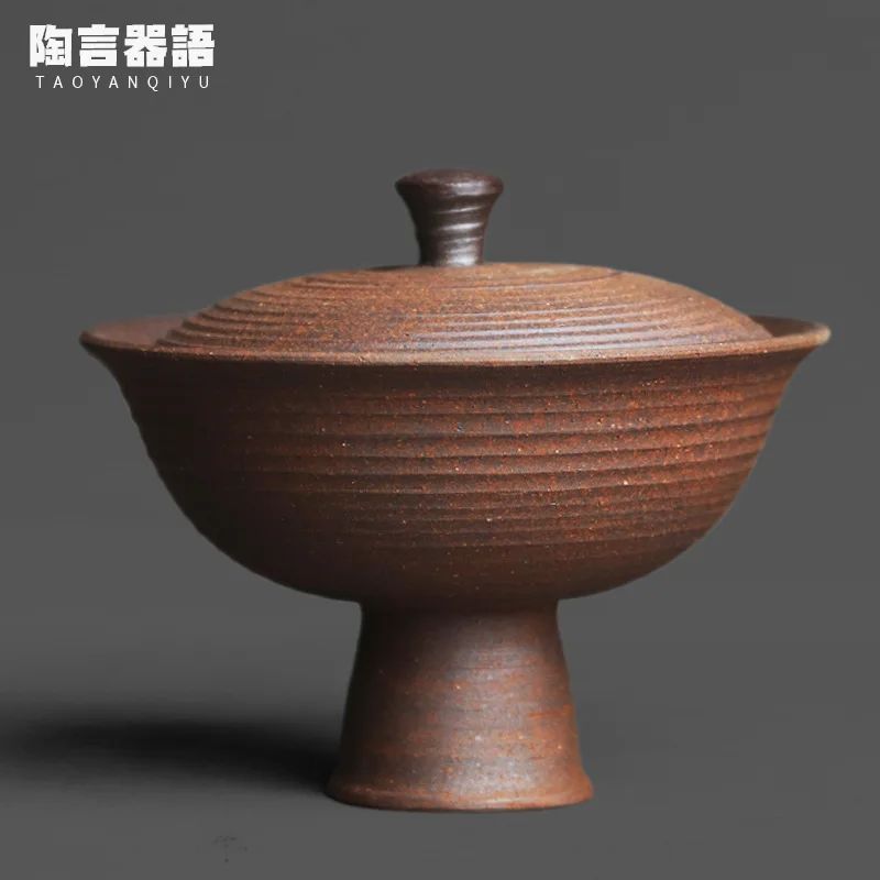 Rock mine clay high-footed cover bowl handmade retro pottery personality Chinese Zen trumpet hand grab tea brewing bowl