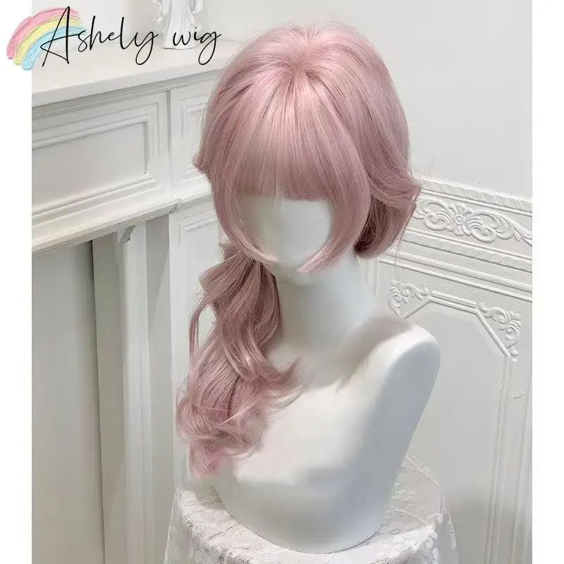Ashely Wig for Women New Long Wavy Wig with Bangs Natural Lolita Pink Cute Hair Wigs High Temperature Fibers Synthetic Wig - view 5