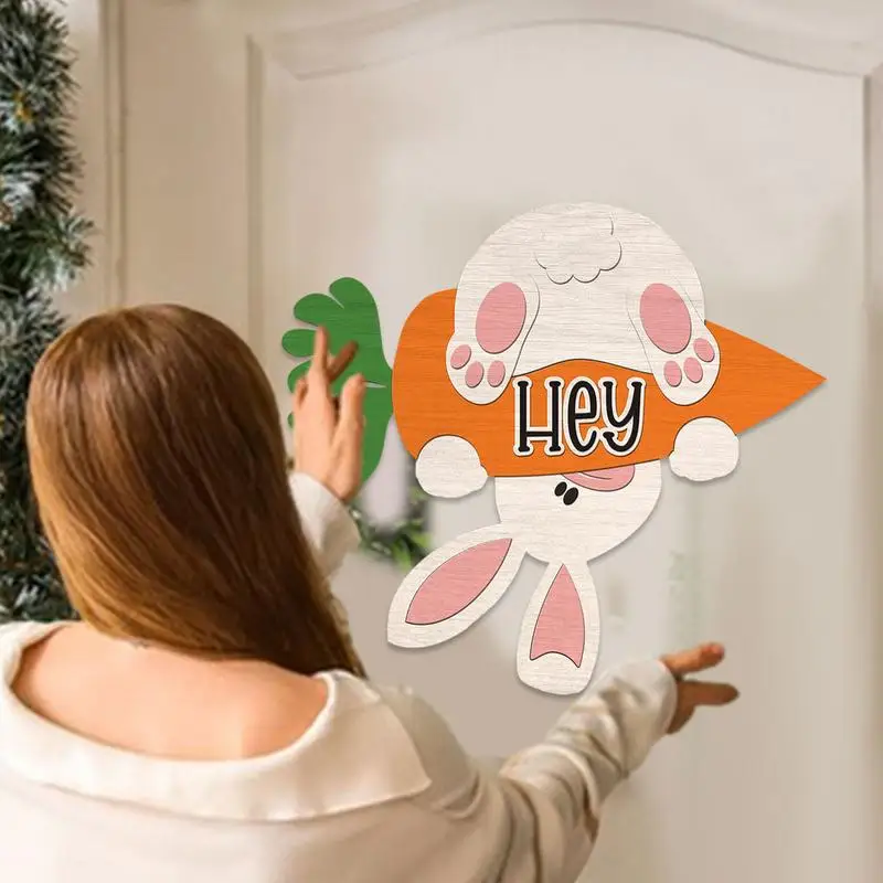 Happy Easter Wooden Sign Wooden Rabbit Sign Easter Door Sign With Fake Plants And Bows Cute Rabbit Wall Decor For Front Door