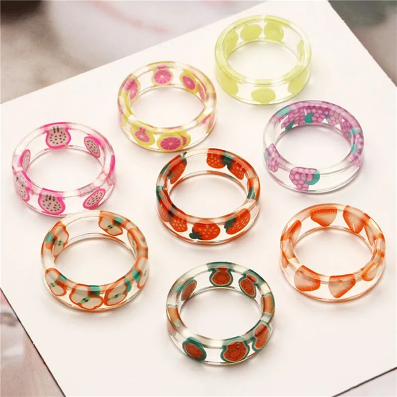 Korean Fashion Fresh Fruits Transparent Resin Acrylic Ring For Women Girls New Design Strawberry Lemon Finger Jewelry Gifts