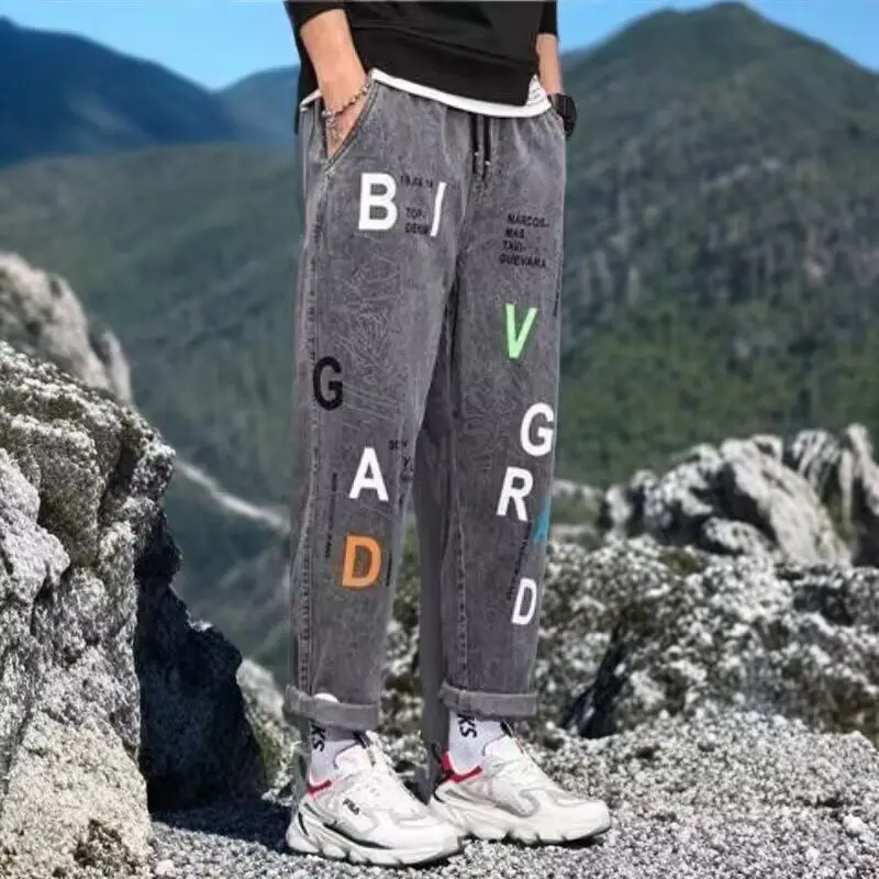 

Мужские повседневные джинсы в стиле Харадзюку с буквенным принтом, свободные, укороченные, из денима, с высокой эластичностью, средней посадкой и застежкой-молнией