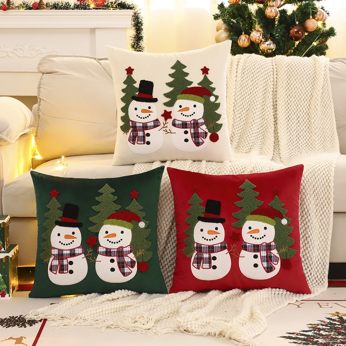 1 PC Christmas Tree Throw Pillow Cover Velvet Embroidery Snowman Christmas Decoration Living Room