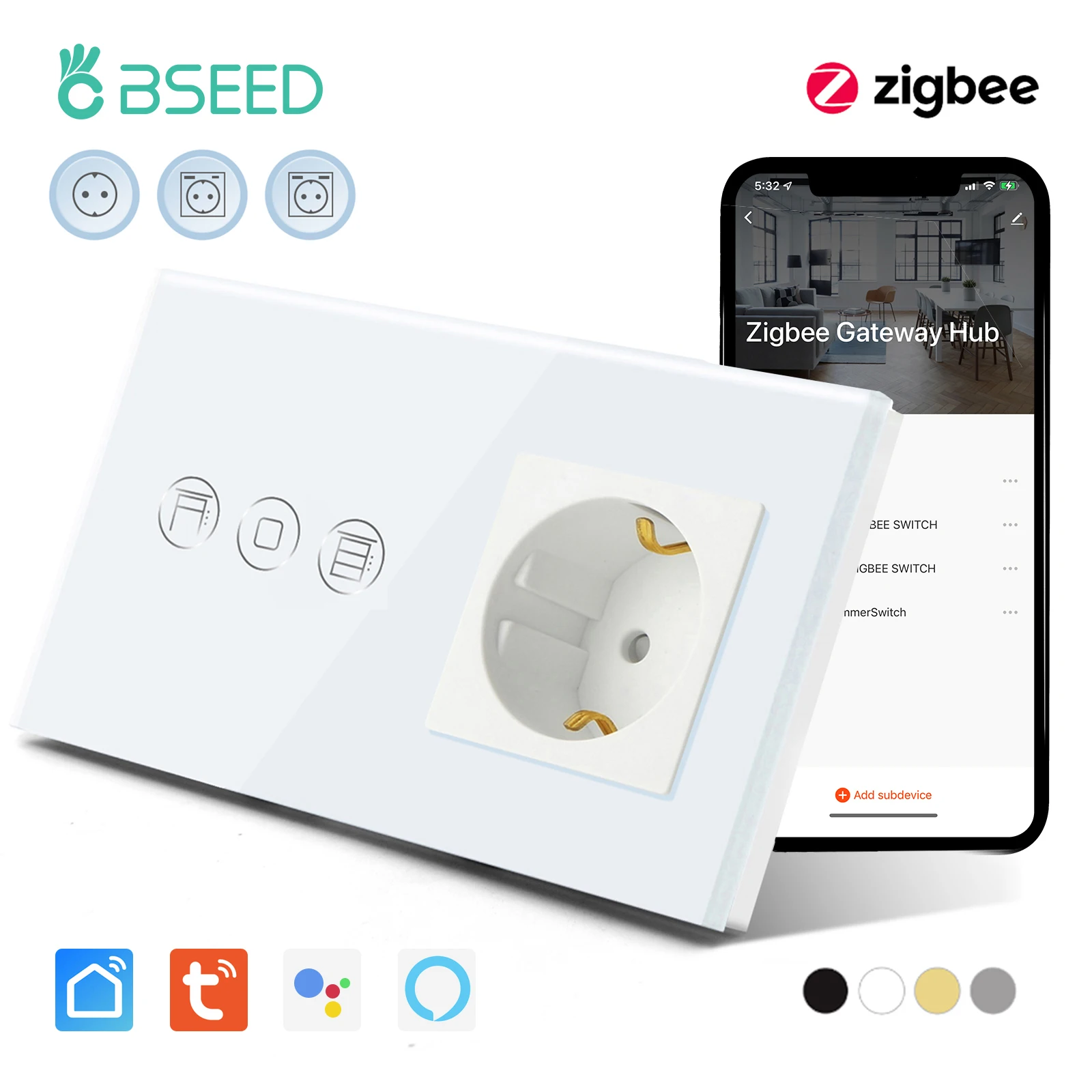 BSEED Zigbee Shutter Switch Electric Smart Blinds Switch Support Google Home Smart Life Alexa App Plus Normal EU Wall Socket