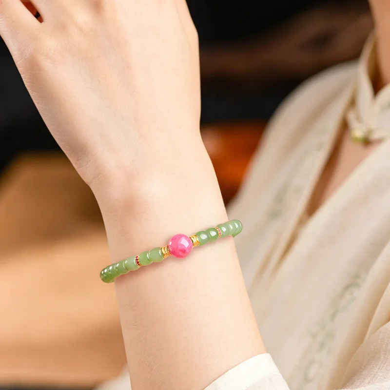 Authentic Hotan Jade Jasper Bead Bracelet for Women Hand-Strung Natural Old Material High-End Chinese Gift Ancient Style