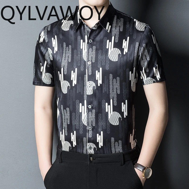 QYLVAWOY Summer Shirt 90.8% Mulberry Silk Men's Shirts Lapel Short Sleeve Shirts for Man Printed Tops Menswear Clothing Casual
