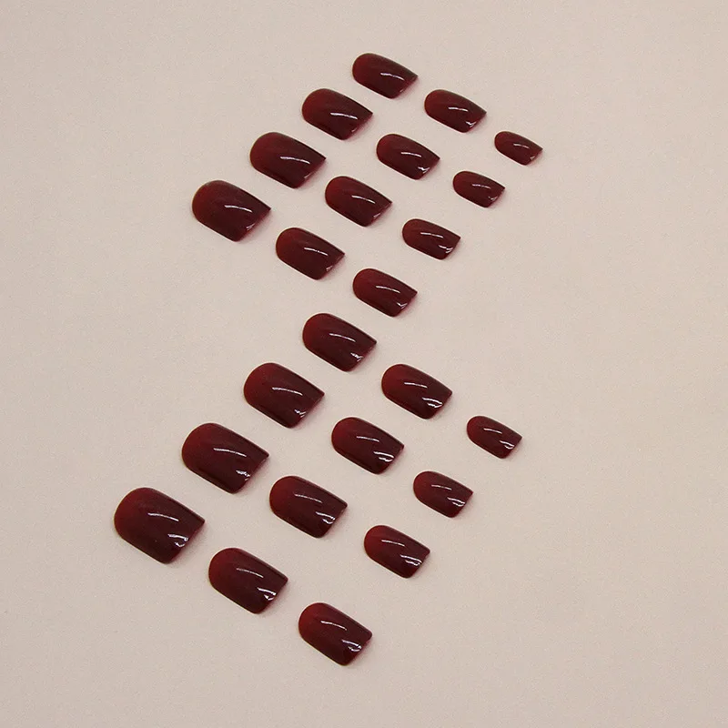 

24Pcs Short Square Press on Nails - Classic Vintage Solid Wine Red | Minimalist Style False Nails Detachable Finished Nail Tips