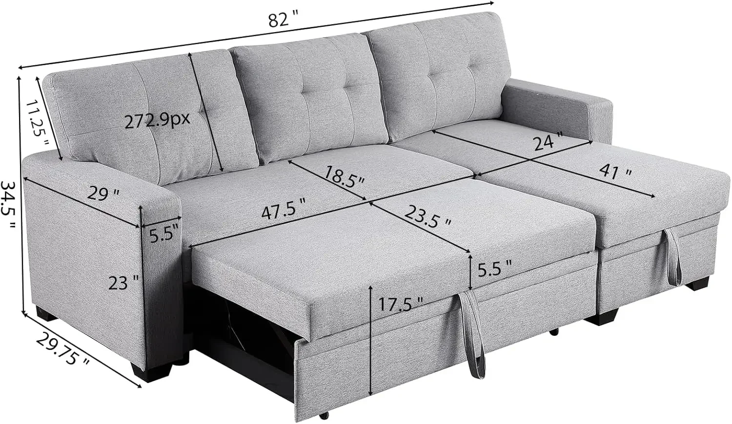 

Sleeper Sofa Bed with Storage, Large Full Size Pull Out Sectional Couch, Futon Chaise Lounge Recliner for Living Room, Bedroom