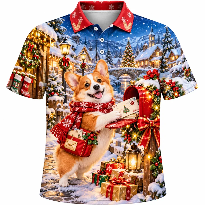 Christmas Polo Shirt for Men Short Sleeve Corgi Cardinal Owl Raccoon Fox Graphic Designs Casual Holiday Party Top