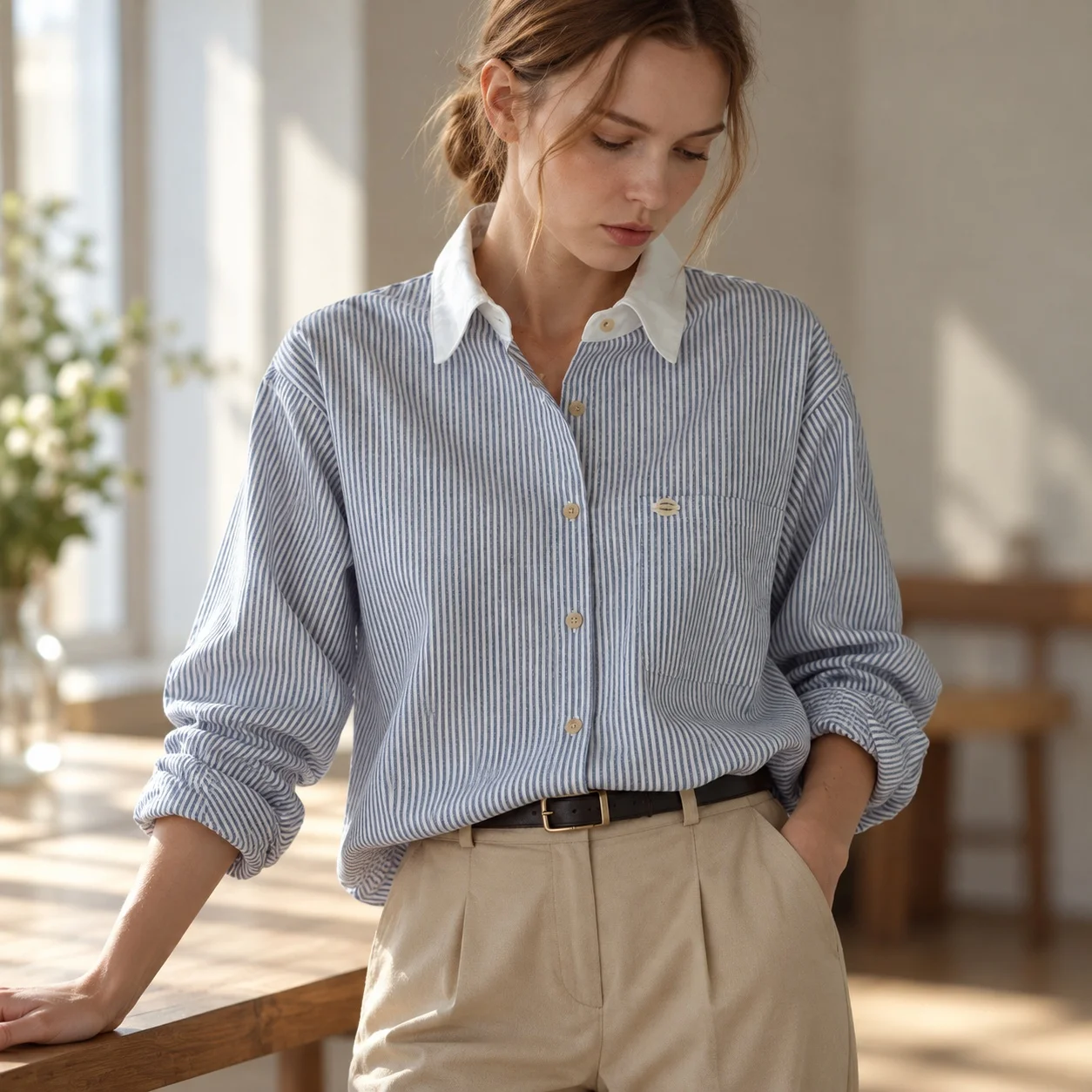 Loose Fit Patchwork Shirt with Long Sleeve Polo Collar Ol Commuter Style No Stretch Regular Length Elegant Commuter Women Blouse