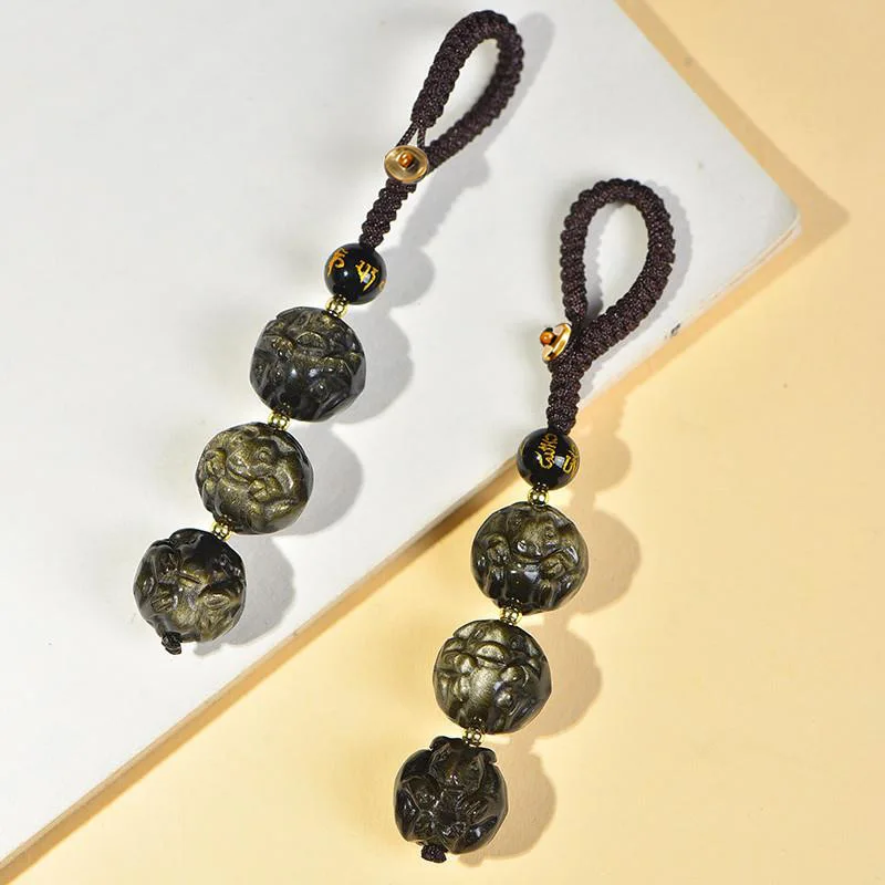 Natural Golden Obsidian Chinese Zodiac Keychain Pendant 2026 Sanhe Liuhe Lucky Car Bag Hanging Decor Braided Rope Amulet Gift