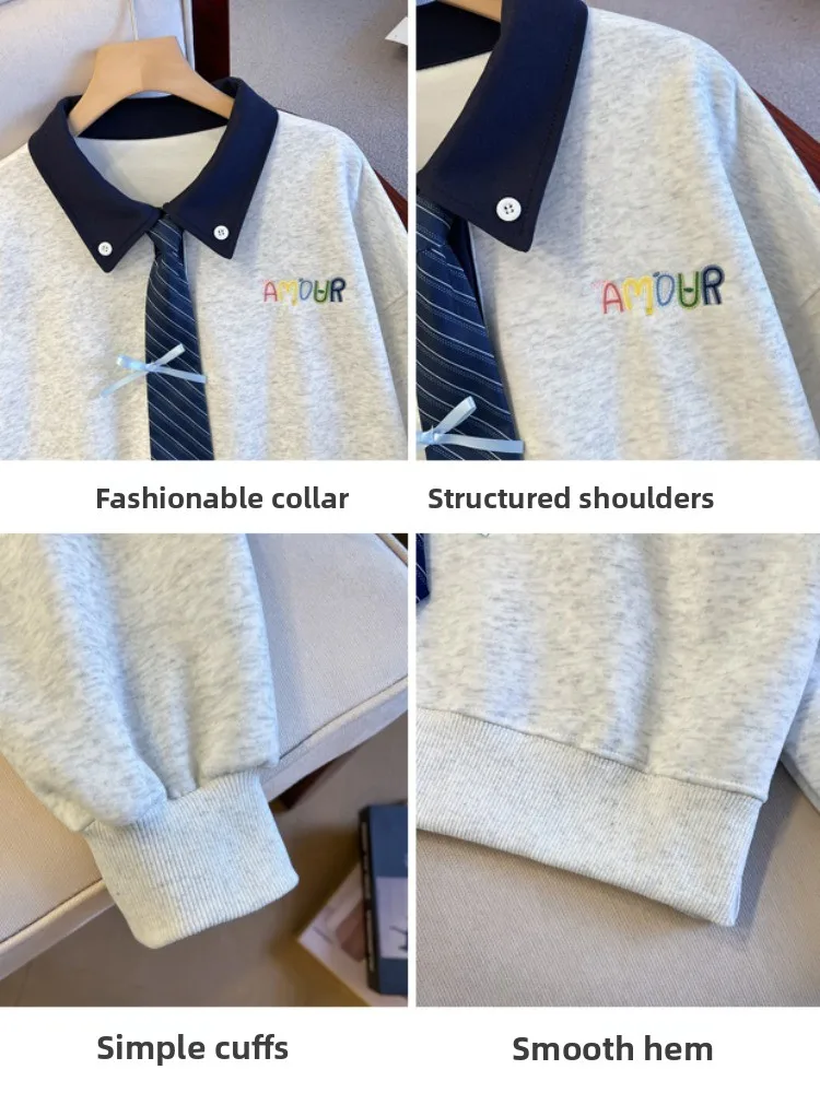 Damska bluza w stylu college, luźny krój, jesienna nowość, oryginalny design, długi rękaw, idealna do dojazdów do pracy.