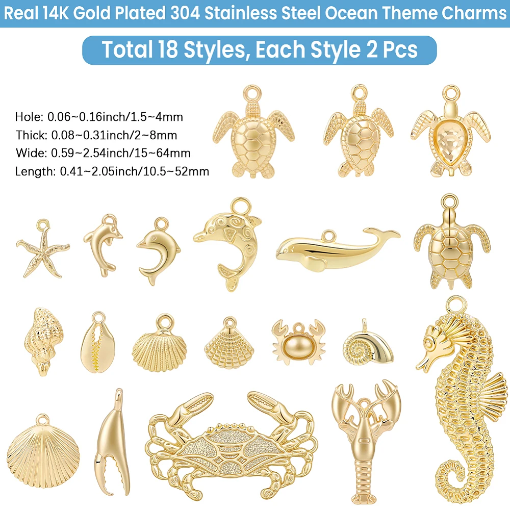 36Pcs Summer Beach Charms for Jewelry Making 14K Gold Plated Cowrie Shell Dolphin Fish Sea Turtle Starfish Conch Lobster Charms