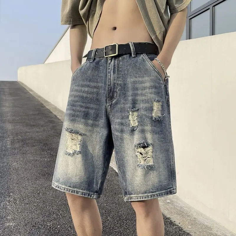 

Fashion 2026 Denim Shorts for Men Korean Style Ripped Loose Summer Thin Casual Mid-length Pants Vintage Plus-size Shorts