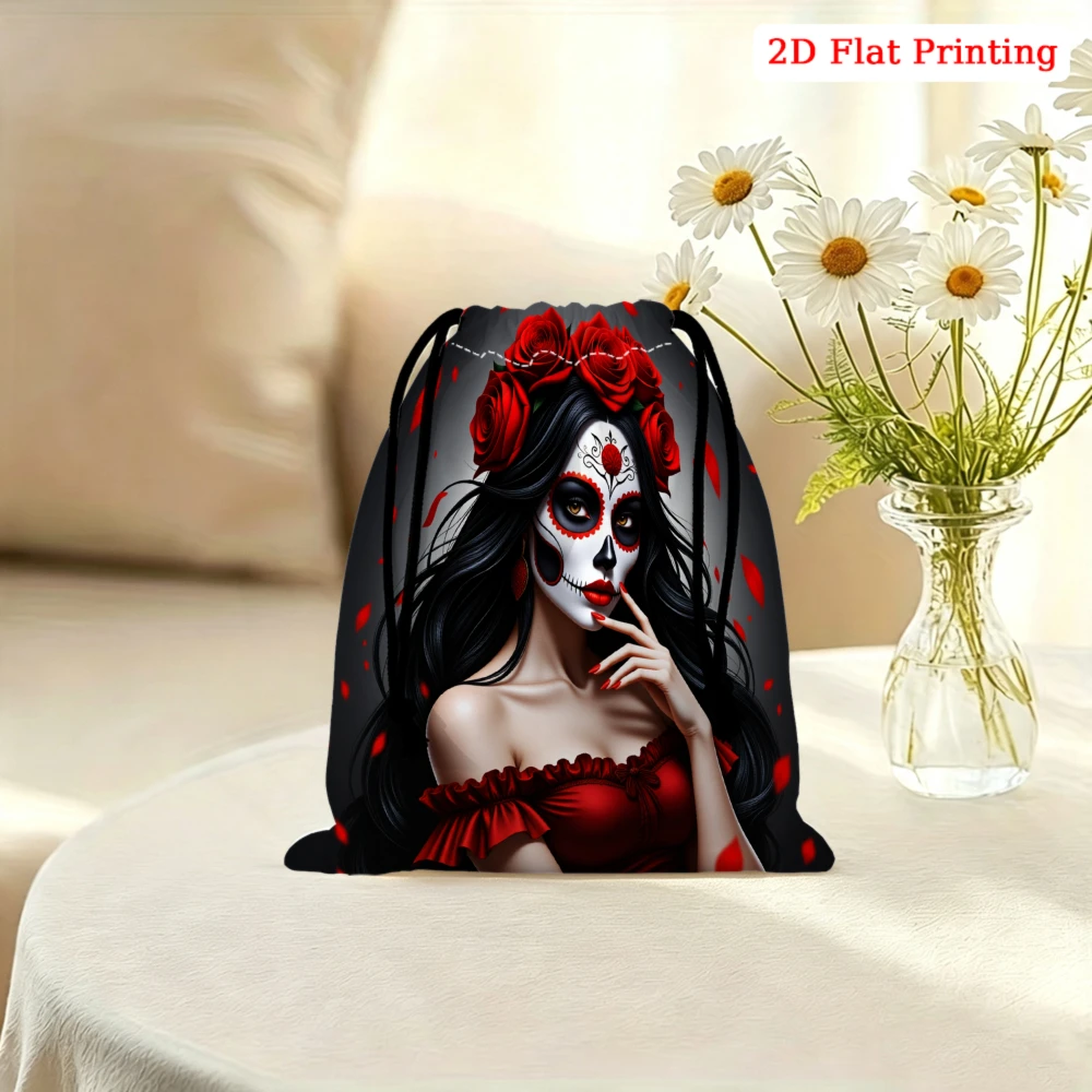 1Pc Gothic Sugar Skull Girl Red Rose Drawstring Bag Black 2D Flat Print Storage Small Pouch Gym Travel Cosmetic Organizer For Wo