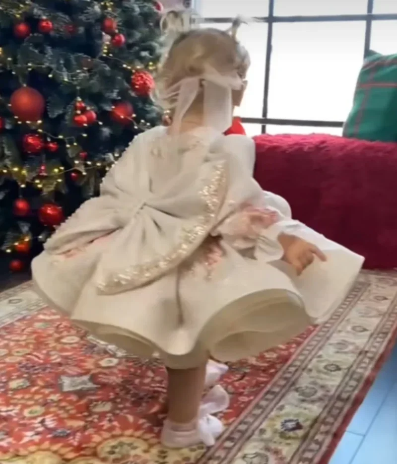 Abito tutù con scollo a O, abito in tulle con maniche lunghe a sbuffo e grande fiocco, personalizzato, scintillante, avorio, per neonato, primo compleanno