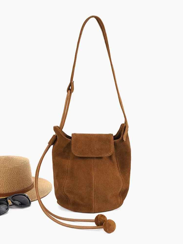 2026 Matte Wildleder Bucket Bag für Damen – Vintage, schlicht, aus Rindsleder, für den täglichen Gebrauch, Umhängetasche, Braun