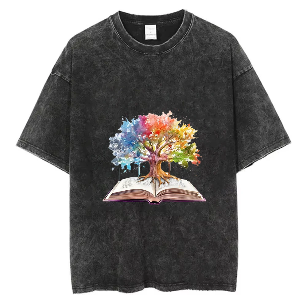 Fantasy Book Castle Graphic T Shirt Vintage Washed Tee Aesthetic Magic Story Print Top Unisex Casual Streetwear Gift Book Lovers