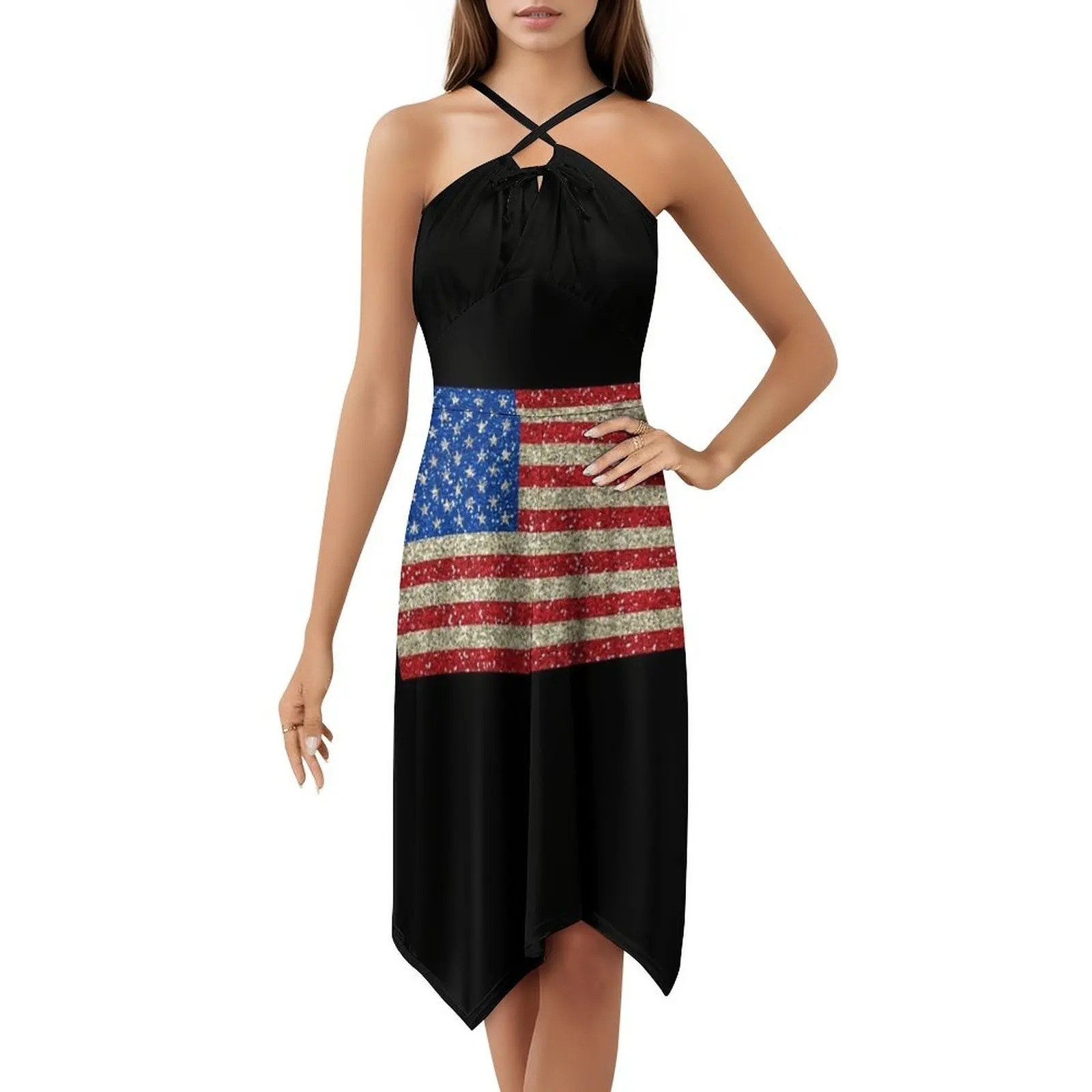 Bandeira americana bandeira eua patriot glitter estados unidos boêmio vestido sem mangas multi-impressão praia férias vestido de festa americano