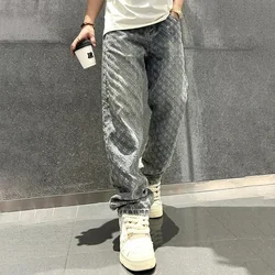 Jacquard Pattern Denim Pants Male Straight Fitting Baggy Bottoms Distressed Wide Jeans For Men