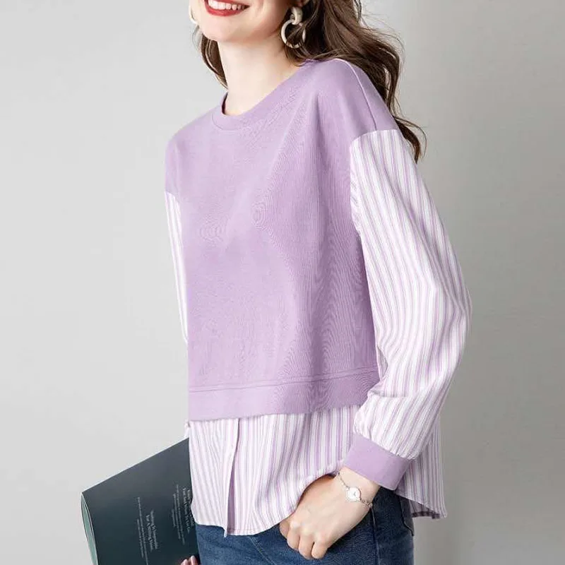 Spring Fashion Trend Round Neck Stripe Fake Two Piece Panel Loose Versatile Simple Age Reducing Casual Women\'s Long Sleeve Sweat